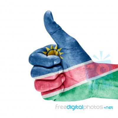 Flag Of Namibia On Thumb Up Hand Stock Photo