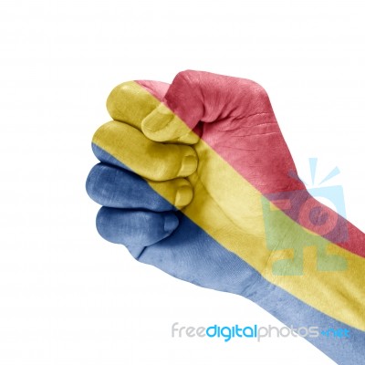 Flag Romania On Clenched Fist Hand Stock Photo