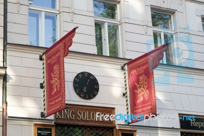 Flags Outside The King Solomon Restaurant In Prague Stock Photo