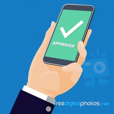 Flat Design-hand Holding Mobile With Text; Approved- Illus Stock Image