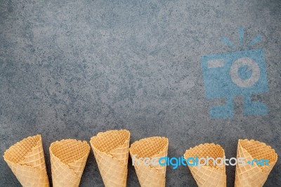 Flat Lay Ice Cream Cones Collection On Dark Stone Background . B… Stock Photo