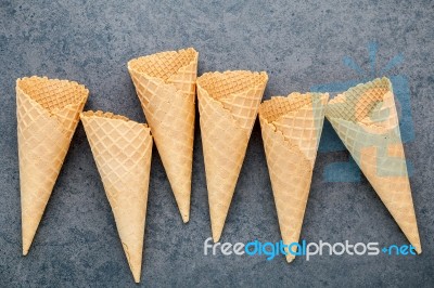 Flat Lay Ice Cream Cones Collection On Dark Stone Background . B… Stock Photo