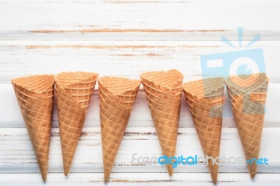Flat Lay Ice Cream Cones Collection On White Wooden Background  Stock Photo