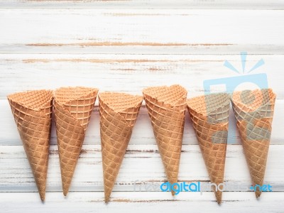 Flat Lay Ice Cream Cones Collection On White Wooden Background  Stock Photo