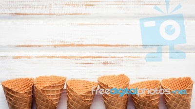 Flat Lay Ice Cream Cones Collection On White Wooden Background  Stock Photo