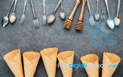 Flat Lay Ice Cream Cones Collection , Spoons ,fork And Honey Dip… Stock Photo