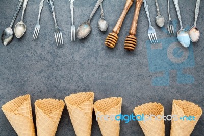 Flat Lay Ice Cream Cones Collection , Spoons ,fork And Honey Dip… Stock Photo