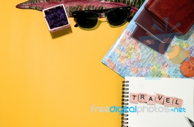 Flat Lay Summer Words Written On Wooden Block And Travel Accesso… Stock Photo