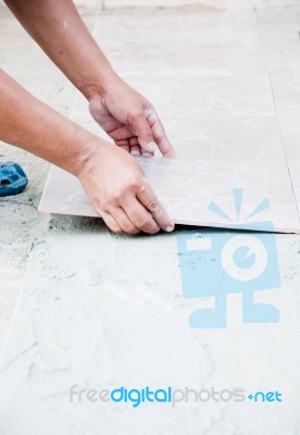 Floor Tile Installation Stock Photo