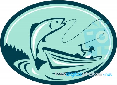 Fly Fisherman Boat Reeling Trout Retro Stock Image