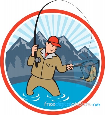 Fly Fisherman Catching Trout Fish Cartoon Stock Image