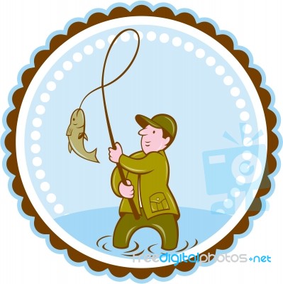 Fly Fisherman Fish On Reel Rosette Cartoon Stock Image