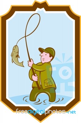 Fly Fisherman Fish On Reel Shield Cartoon Stock Image