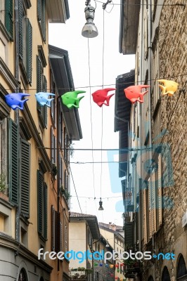 Flying Fish Across A Street In Citta Alta Bergamo Stock Photo