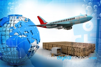 Flying Plane, A Truck, And A Cargo Container Stock Image