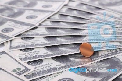 Focus Empty Coin Placed On Many Cash Bills Stock Photo