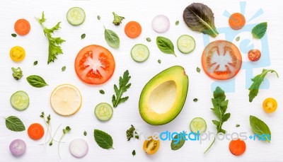 Food Pattern With Raw Ingredients Of Salad, Lettuce Leaves, Cucu… Stock Photo
