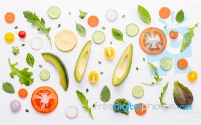 Food Pattern With Raw Ingredients Of Salad, Lettuce Leaves, Cucu… Stock Photo