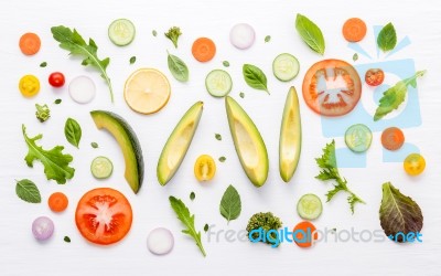 Food Pattern With Raw Ingredients Of Salad. Various Vegetables L… Stock Photo