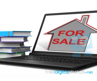 For Sale House Laptop Means Selling Real Estate Stock Image