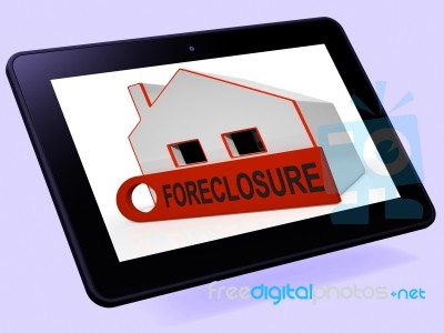 Foreclosure House Tablet Shows Repayments Stopped And Repossessi… Stock Image