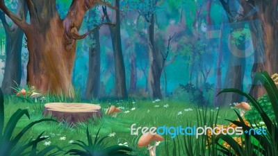 Forest Glade With Big Stump And Mushrooms In A Summer Day Stock Image