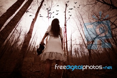 Forest Of The Darkness,3d Illustration Of  Ghost Girl In White Stock Image