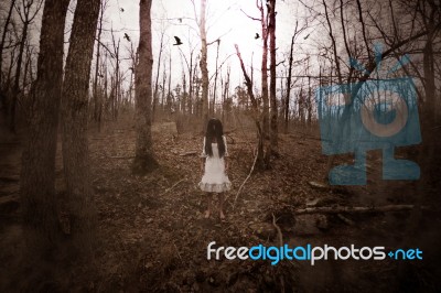 Forest Of The Darkness,3d Illustration Of  Ghost Girl In White Stock Image