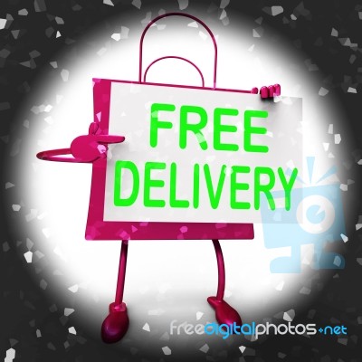 Free Delivery On Shopping Bag Shows No Charge  To Deliver Stock Image