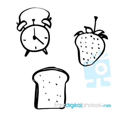 Freehand Sketch Illustration Of Alarm Clock, Bread And Strawberr… Stock Image