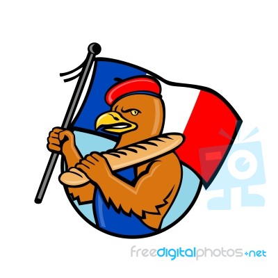French Eagle Holding Flag And Baguette Cartoon Stock Image