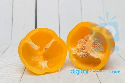 Fresh And Colorful Yellow Bell Pepper Sliced Stock Photo
