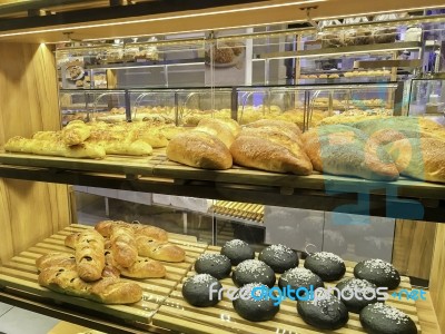 Fresh Bread Bakery On Wood Shelf Display Stock Photo