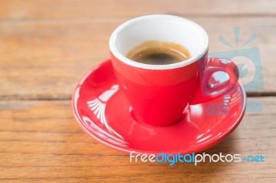 Fresh Brewed Hot Espresso In Red Cup Stock Photo