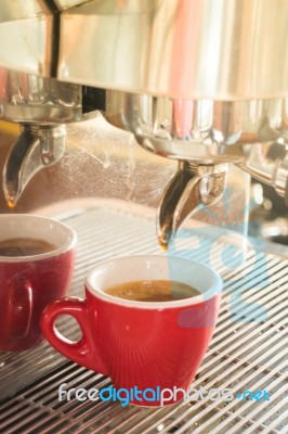 Fresh Brewing Hot Coffee From Espresso Machine With Vintage Filt… Stock Photo