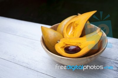 Fresh Canistel Fruit In Wooden Bowl Stock Photo