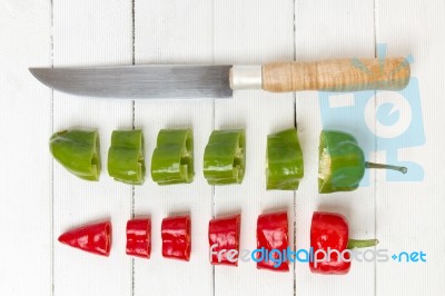 Fresh Cayenne Sweet Peppers Sliced In Pieces Stock Photo