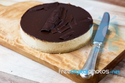 Fresh Classic Homemade Cheesecake With Dark Chocolate Topping Stock Photo