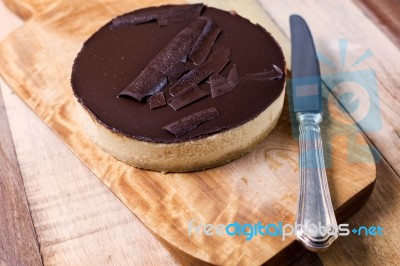 Fresh Classic Homemade Cheesecake With Dark Chocolate Topping Stock Photo
