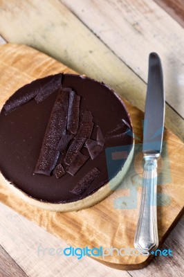 Fresh Classic Homemade Cheesecake With Dark Chocolate Topping Stock Photo