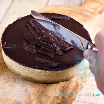 Fresh Classic Homemade Cheesecake With Dark Chocolate Topping Stock Photo
