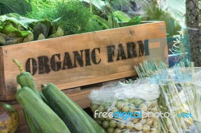 Fresh Organic Produce In Wooden Box Stock Photo