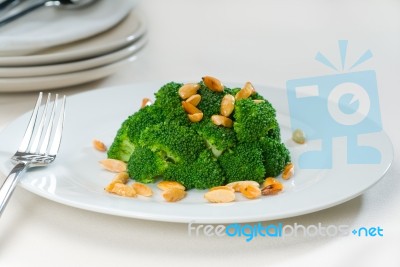 Fresh Sauteed Broccoli And Almonds Stock Photo