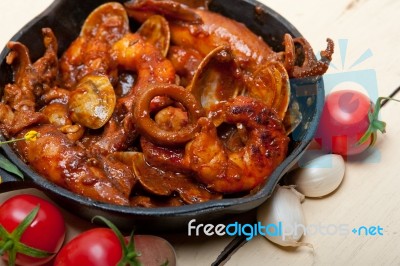 Fresh Seafoos Stew On An Iron Skillet Stock Photo