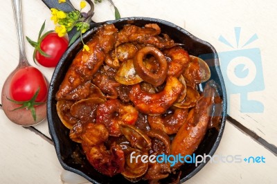 Fresh Seafoos Stew On An Iron Skillet Stock Photo