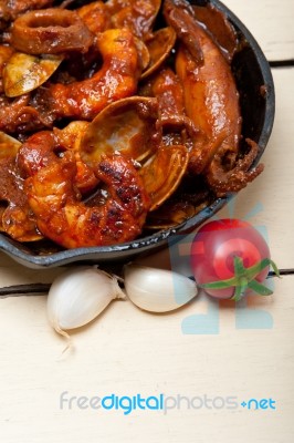 Fresh Seafoos Stew On An Iron Skillet Stock Photo