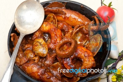 Fresh Seafoos Stew On An Iron Skillet Stock Photo