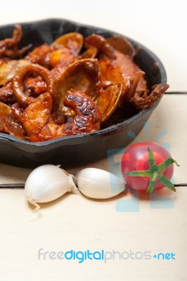 Fresh Seafoos Stew On An Iron Skillet Stock Photo