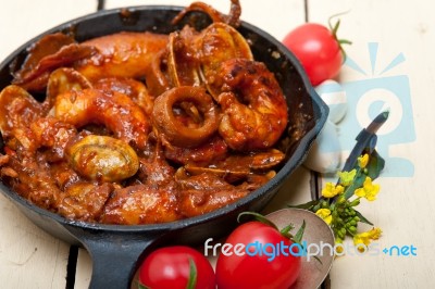 Fresh Seafoos Stew On An Iron Skillet Stock Photo