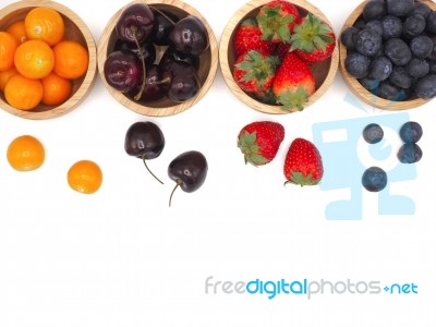 Fresh Summer Fruits, Cherry, Strawberry, Cape Gooseberry And Blu… Stock Photo